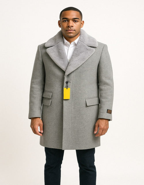Mens Grey Wool Overcoat with Plush Faux Fur Shawl Collar - Winter Luxury Coat