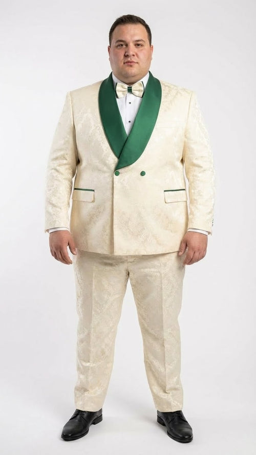 Men's Ivory and Emerald Green Jacquard Tuxedo Suit + Bowtie 3-Piece Formal Wedding, Prom, and Gala Outfit