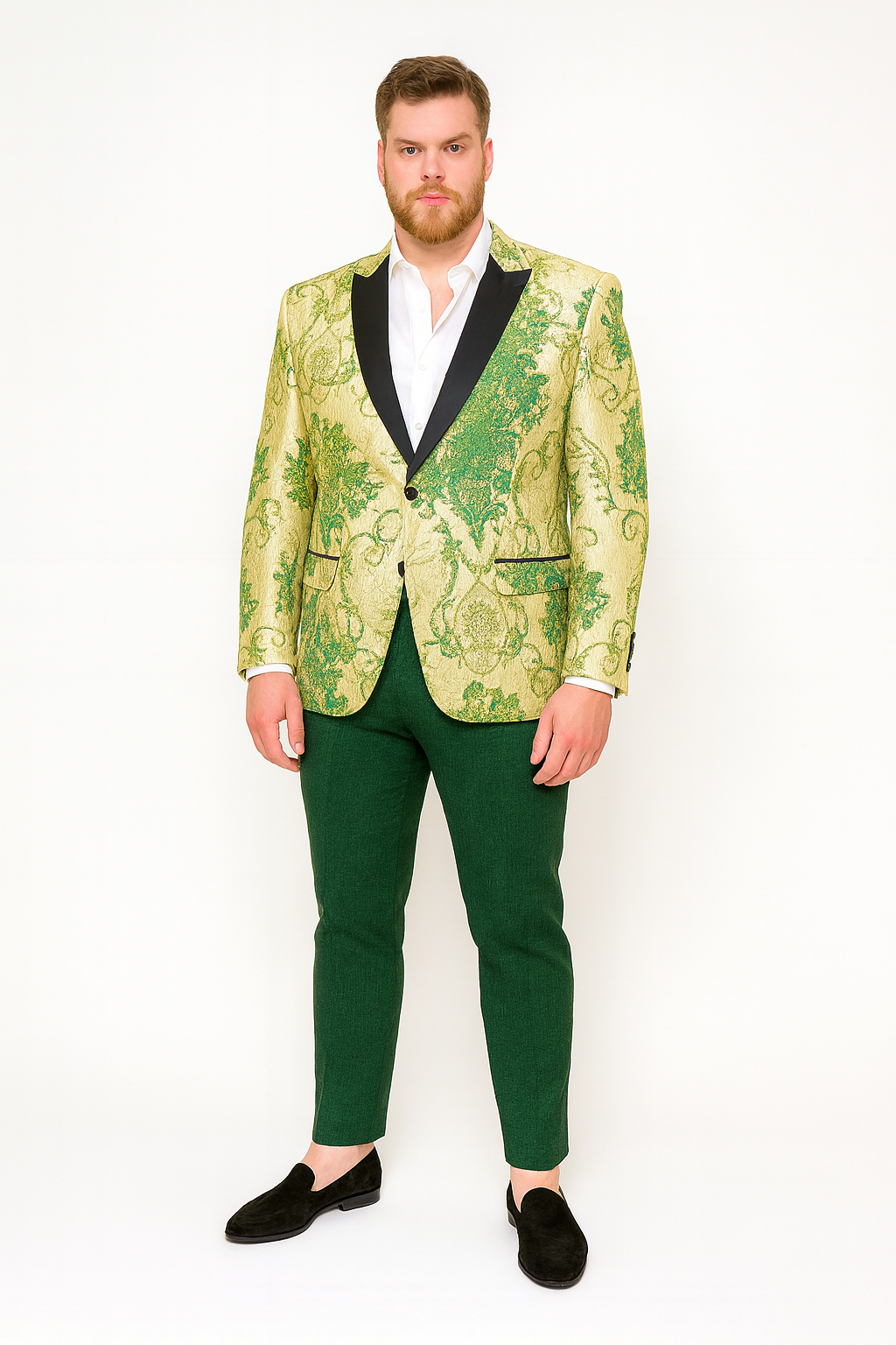 Men’s Ivory and Green Suit Floral Embroidered Tuxedo Jacket with Black Satin Lapel – Designer Blazer for Weddings With Hutner Green Pants - 34 Short or Extra Small