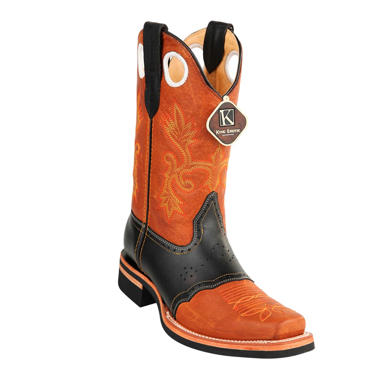 Men's King Exotic Boots Genuine Leather With Saddle Vamp Handcrafted Honey & Black (48112751-2) - 6 E