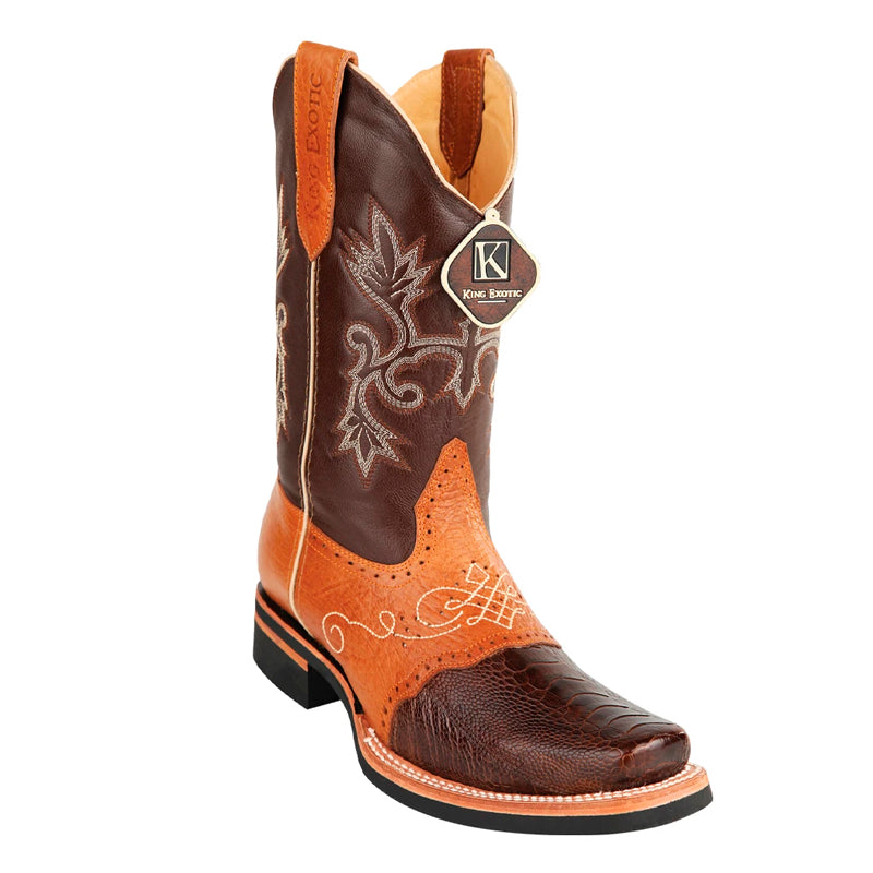 Men's King Exotic Ostrich Leg Boots With Rubber Sole & Saddle Square Toe Brown (48160507) - 6 E