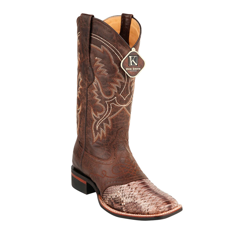 Men's King Exotic Python Boots Rubber Sole & Saddle Vamp Square Toe Natural (48235785) - 6 E