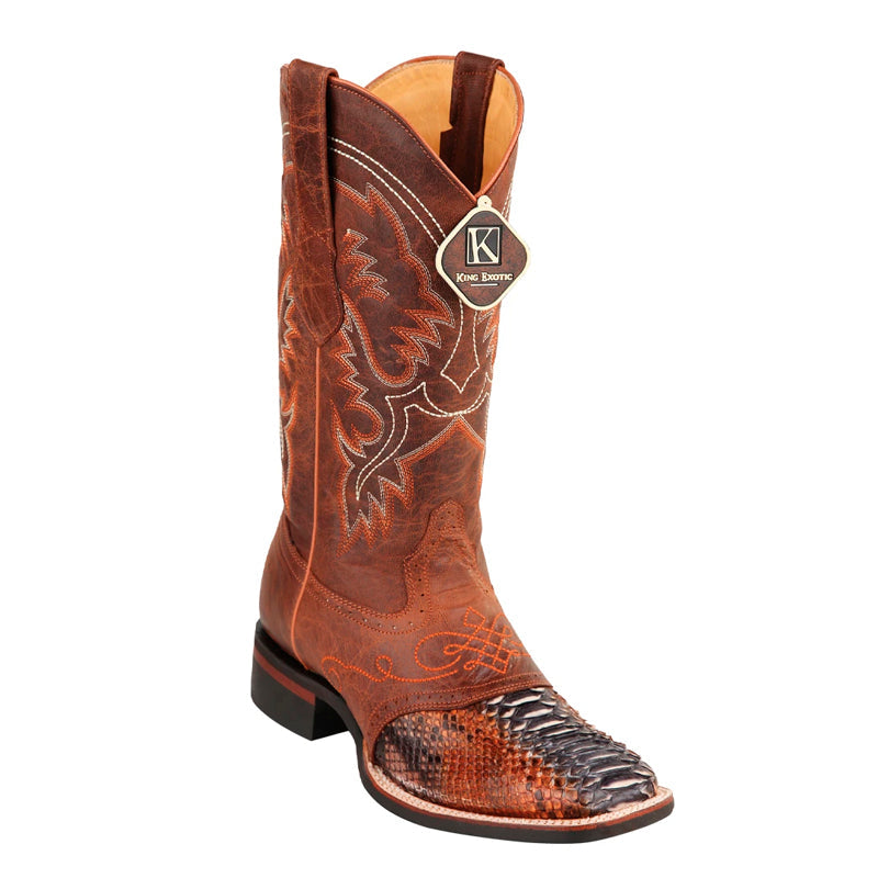 Men's King Exotic Python Boots Rubber Sole & Saddle Vamp Square Toe Rustic Cognac (48235788) - 6 E