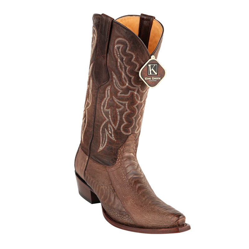 Men's King Exotic Snip Toe Ostrich Leg Boots Handcrafted Grasso Brown (494G0507-) - 6 E