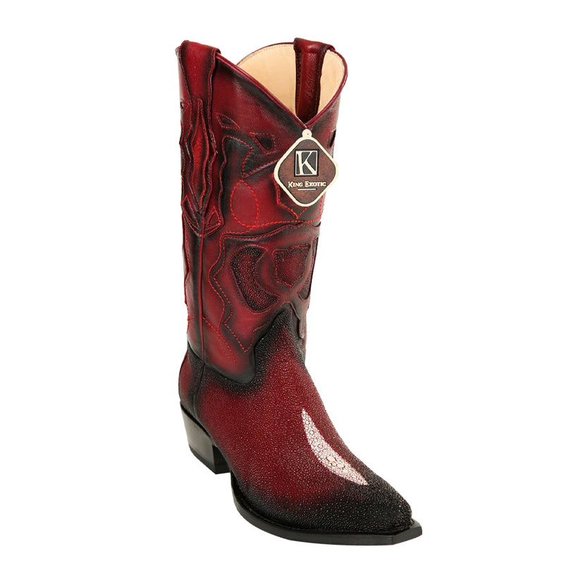 Men's King Exotic Snip Toe Stingray Boots Single Stone Handmade Burnished Burgundy (494R1243) - 6 E
