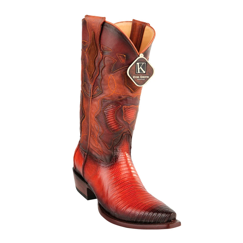 Men's King Exotic Snip Toe Teju Lizard Boots Handcrafted Burnished Cognac (494RD0757) - 6 E