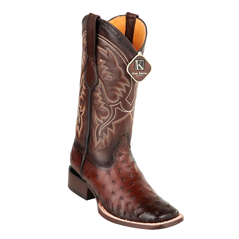 Men's King Exotic Square Toe Full Quill Ostrich Boots Handmade Burnished Brown (48220316) - 6 E