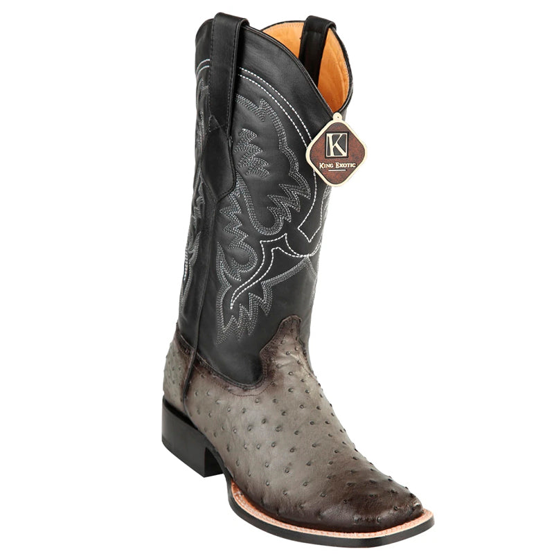 Men's King Exotic Square Toe Full Quill Ostrich Boots Handmade Burnished Gray (48220338) - 6 E
