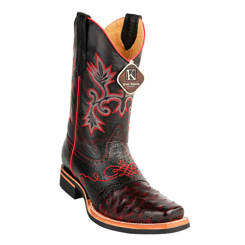 Men's King Exotic Square Toe Ostrich Boots Rubber Sole & Saddle Black Cherry (48160318) - 6 E