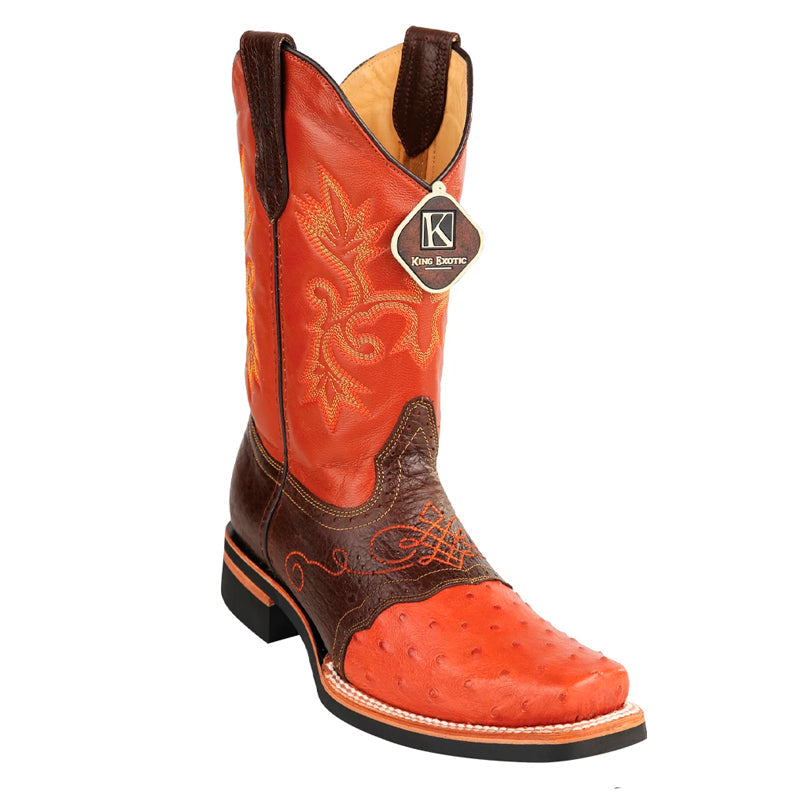 Men's King Exotic Square Toe Ostrich Boots Rubber Sole & Saddle Cognac (48160303) - 6 E