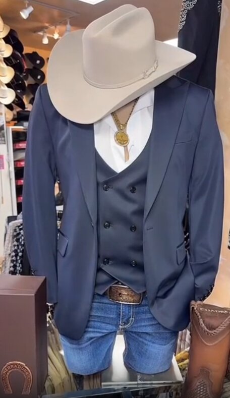 Mens Navy Western Suit Blazer with Double-Breasted Vest β Modern Cowboy Formal Outfit
