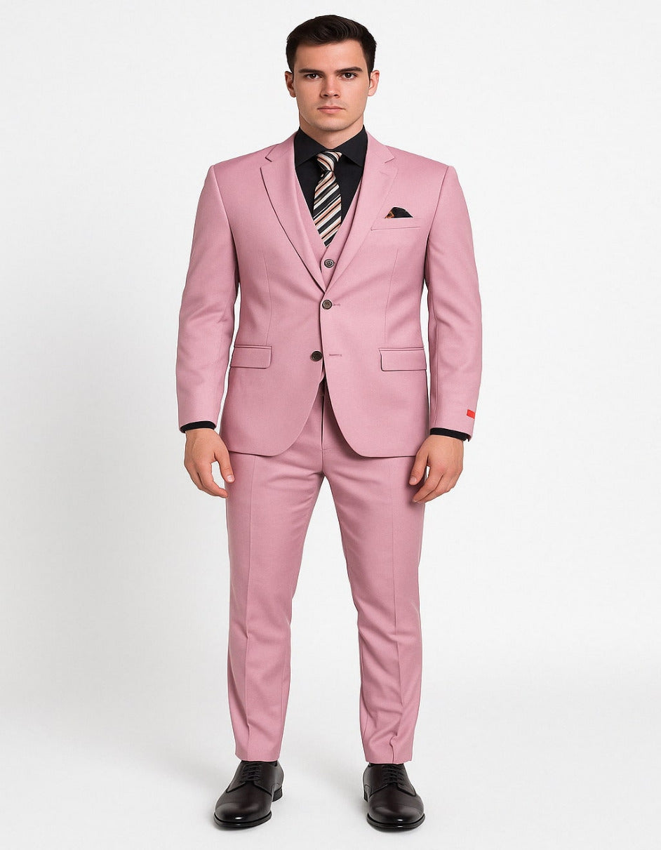 Men’s Pink 3-Piece Slim Fit Suit – Formal Wedding and Prom Outfit with Vest - 38 Short Jacket+32 Waist Adjustable 28to34)(Height: 5 4 to5 7 )(Neck 15-16.5)S-M)