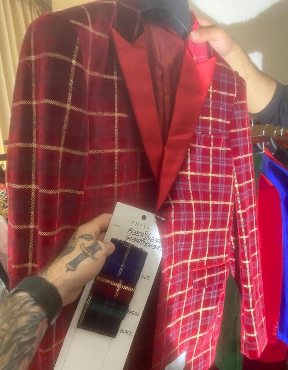 Men's Red Velvet Plaid Blazer with Satin Lapel – Designer Tartan Suit Jacket for Holidays and Events - 38 Short