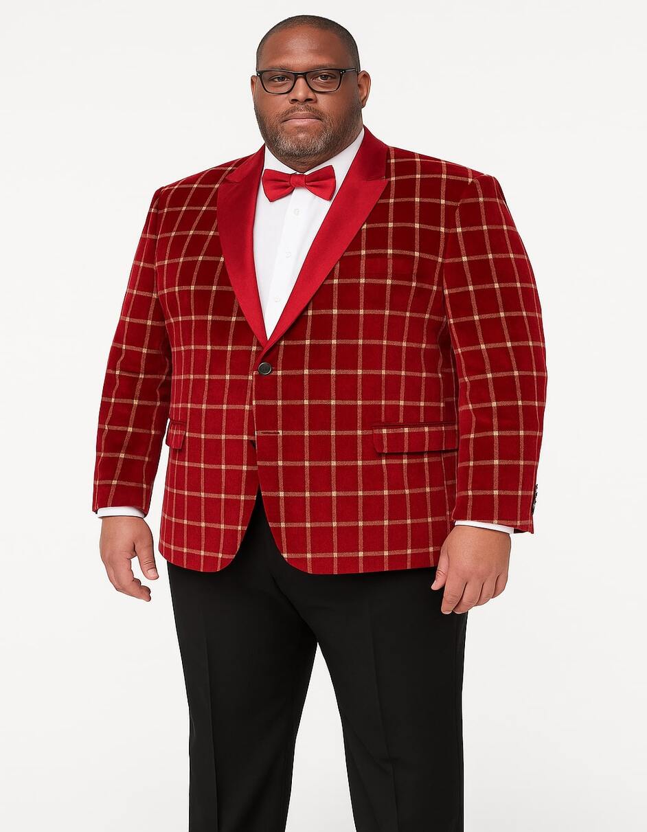 Men's Red Velvet Plaid Blazer with Satin Lapel – Designer Tartan Suit Jacket for Holidays and Events - 38 Short