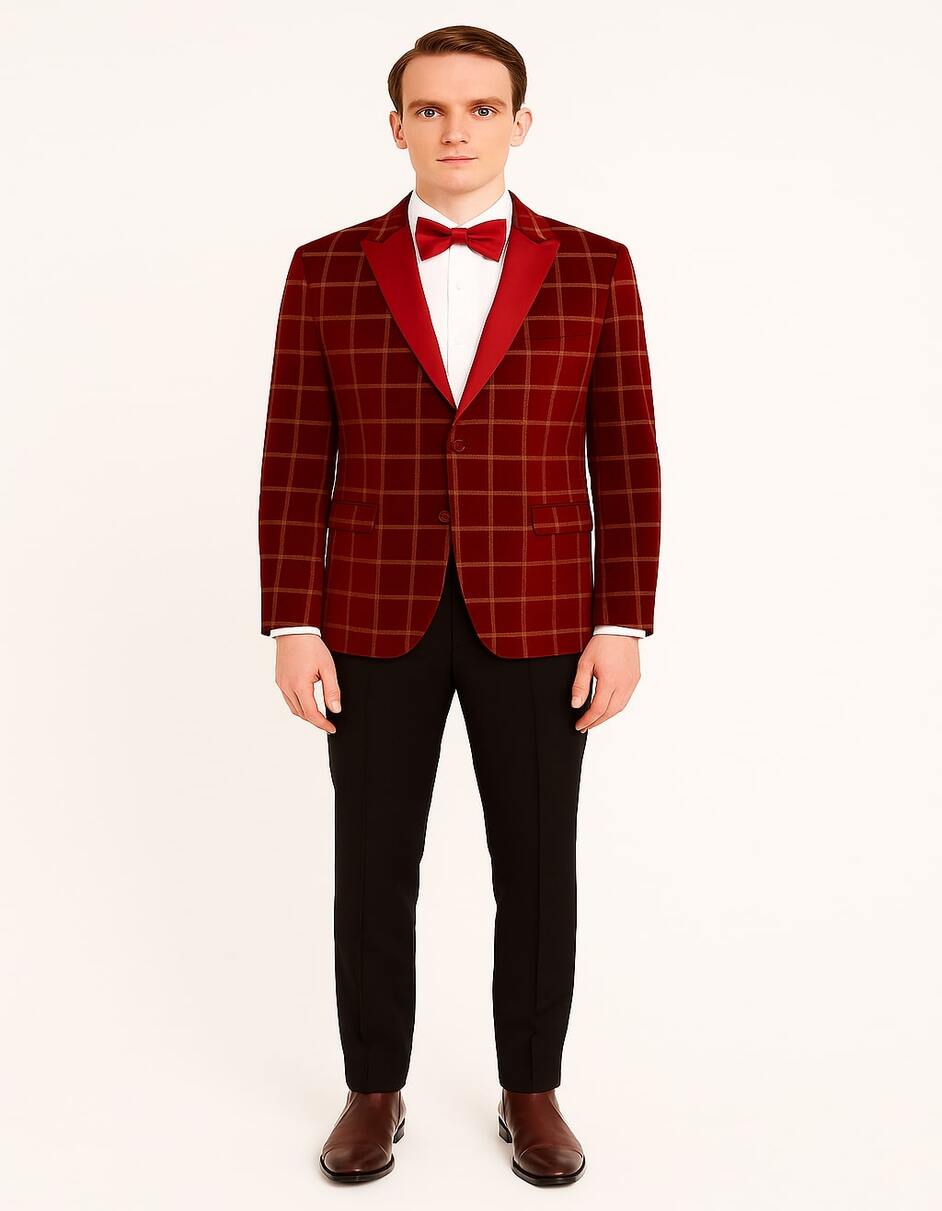Men's Red Velvet Plaid Blazer with Satin Lapel – Designer Tartan Suit Jacket for Holidays and Events - 38 Short