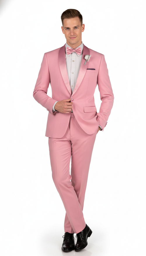 Mens Rose Pink Tuxedo Suit Slim Fit 2-Piece Wedding, Prom & Formal Wear Set