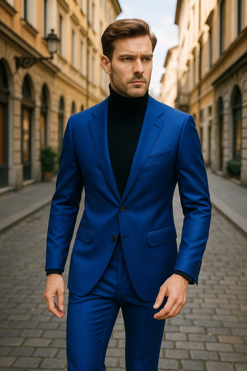 Men's Royal Blue Shiny Satin Suit Γ’β¬β 2-Piece Slim Fit Tuxedo with Peak Lapel