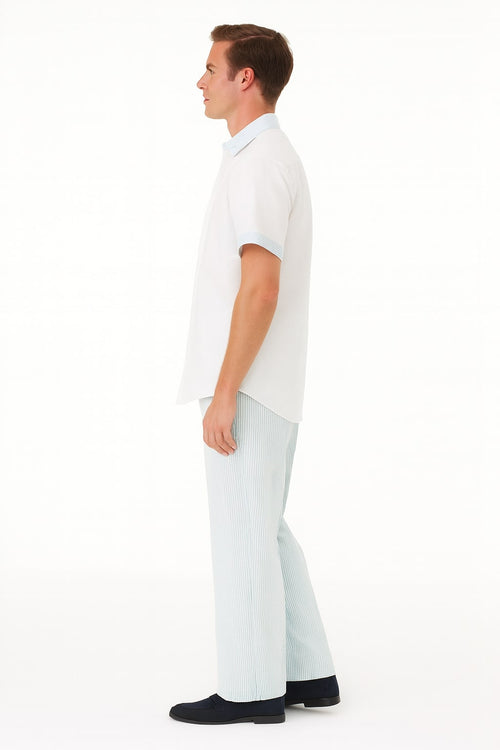 Mens Sky Blue Two-Piece Short Sleeve Shirt and Pants Set, Casual Summer Outfit