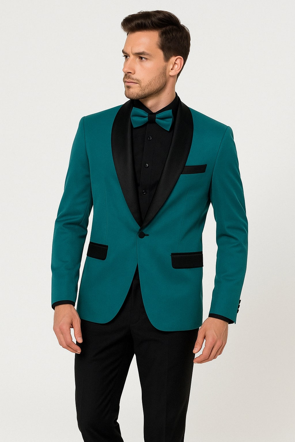Men's Teal Blue Velvet Tuxedo with Black Satin Lapel and Bow Tie + Black Pants - 38 Short Jacket+32 Waist Adjustable 28to34)(Height: 5 4 to5 7 )(Neck 15-16.5)S-M)