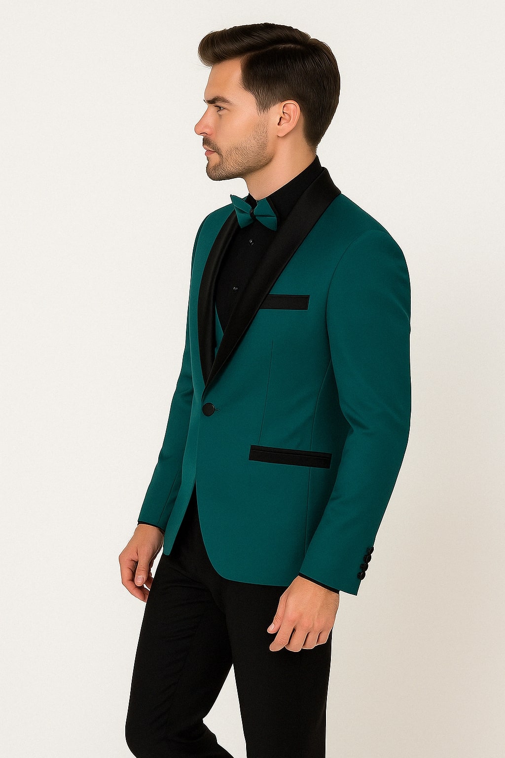 Men's Teal Blue Velvet Tuxedo with Black Satin Lapel and Bow Tie + Black Pants - 38 Short Jacket+32 Waist Adjustable 28to34)(Height: 5 4 to5 7 )(Neck 15-16.5)S-M)