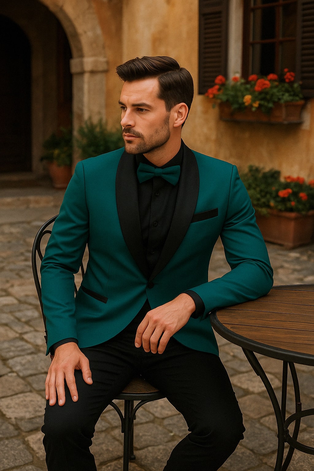 Men's Teal Blue Velvet Tuxedo with Black Satin Lapel and Bow Tie + Black Pants - 38 Short Jacket+32 Waist Adjustable 28to34)(Height: 5 4 to5 7 )(Neck 15-16.5)S-M)
