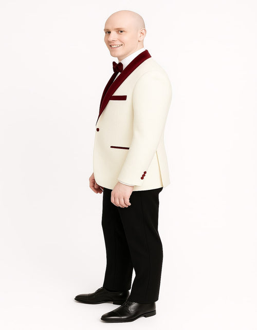 Men's White Floral Tuxedo Jacket with Burgundy Velvet Shawl Lapel Wedding, Prom, and Formal Event Suit