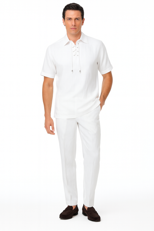 Mens White Lace-Up Shirt and Pants Set – Casual Summer Two-Piece Outfit