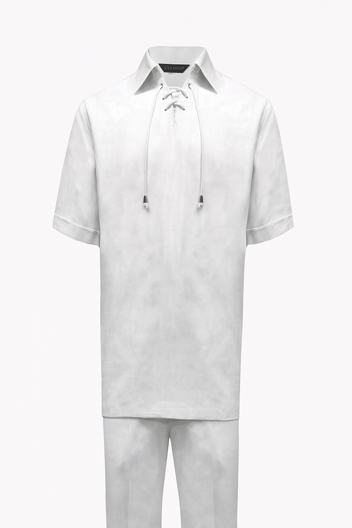 Mens White Lace-Up Shirt and Pants Set – Casual Summer Two-Piece Outfit