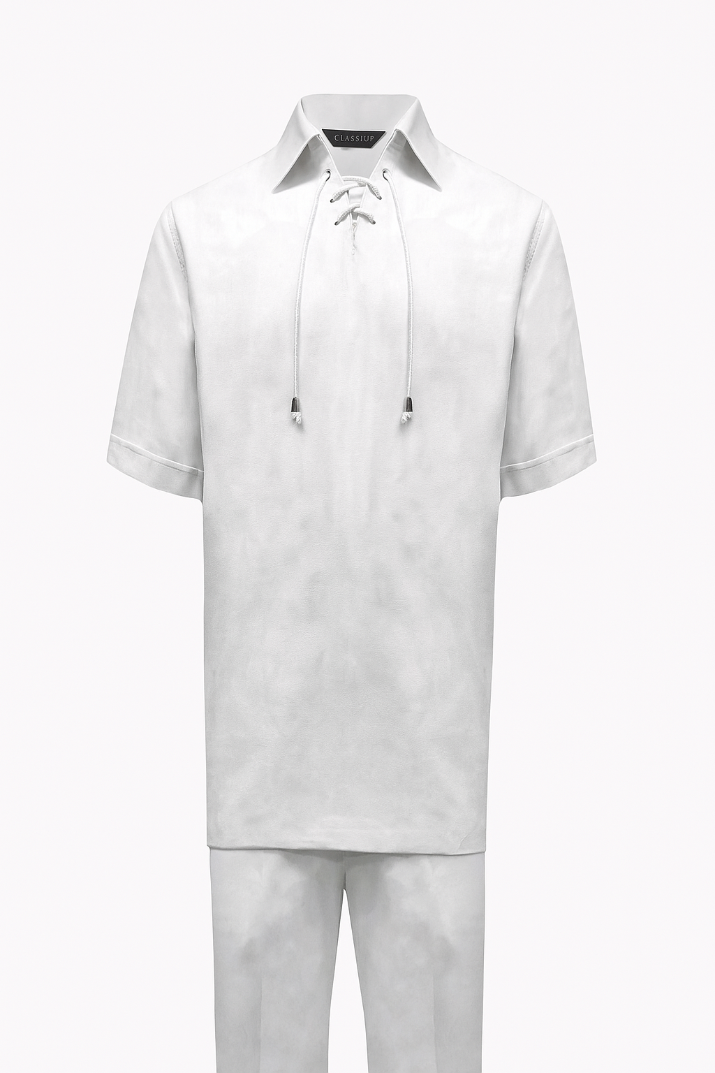 Men’s White Lace-Up Shirt and Pants Set – Casual Summer Two-Piece Outfit - S