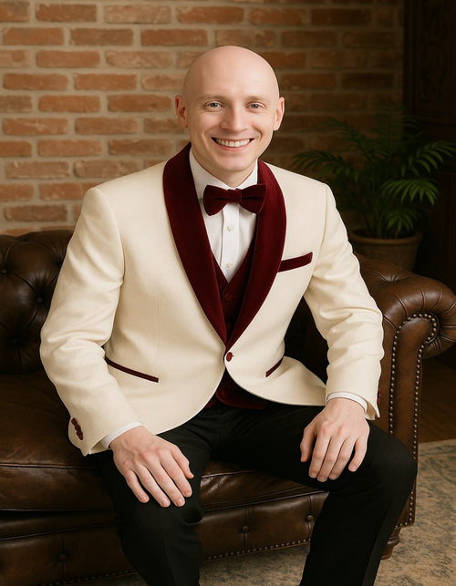 Men's White Floral Tuxedo Jacket with Burgundy Velvet Shawl Lapel Wedding, Prom, and Formal Event Suit