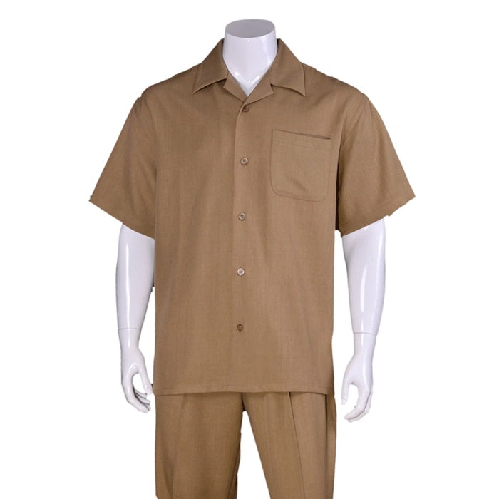 Men's 2 piece Sets short sleeve casual summer walking Suit in tan - S