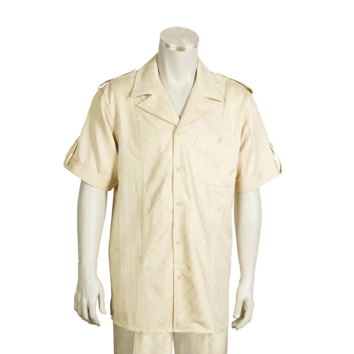Men's 2 piece Sets short sleeve leisure set walking suit in Tan diagonal pinstripe - S