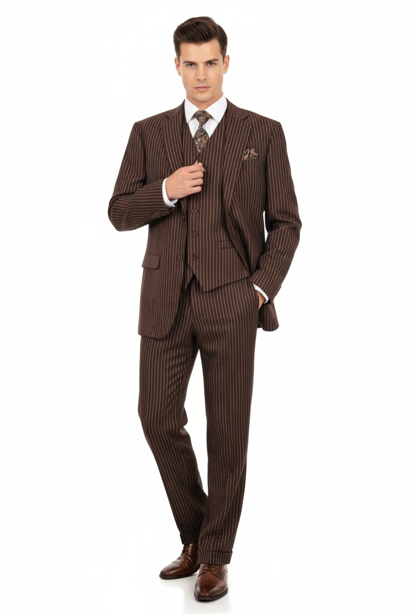 Men’s Brown Pinstripe 3-Piece Suit – Classic Business and Formal Wear with Vest - Small