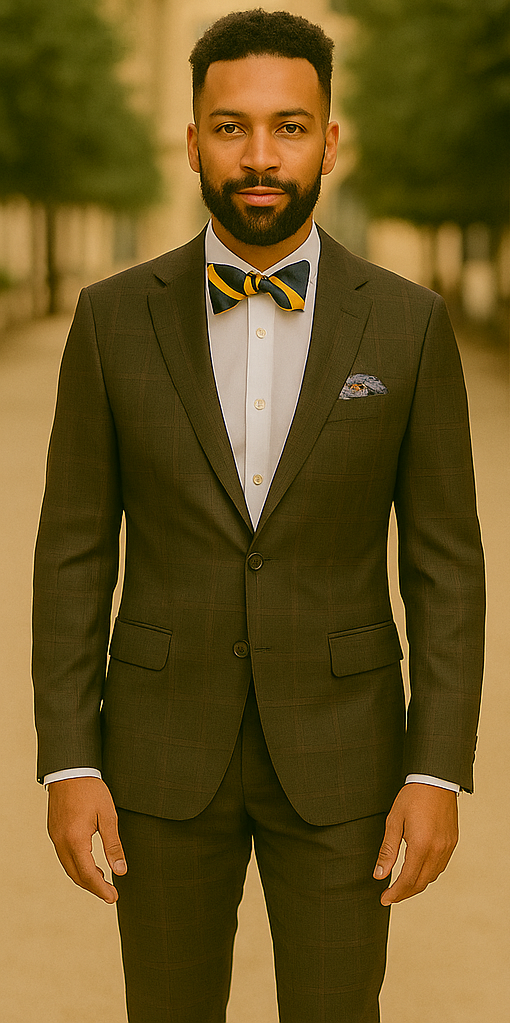 Men's Brown Plaid Slim Fit Suit by Rossiman Rossi – Peak Lapel Jacket & Tapered Pants - 58R