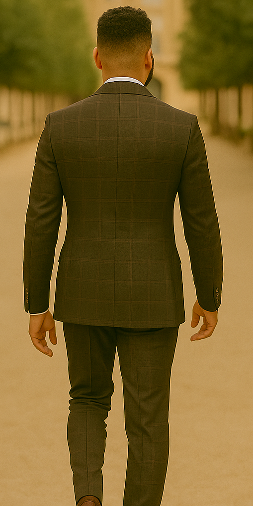 Men's Brown Plaid Slim Fit Suit by Rossiman Rossi – Peak Lapel Jacket & Tapered Pants - 58R