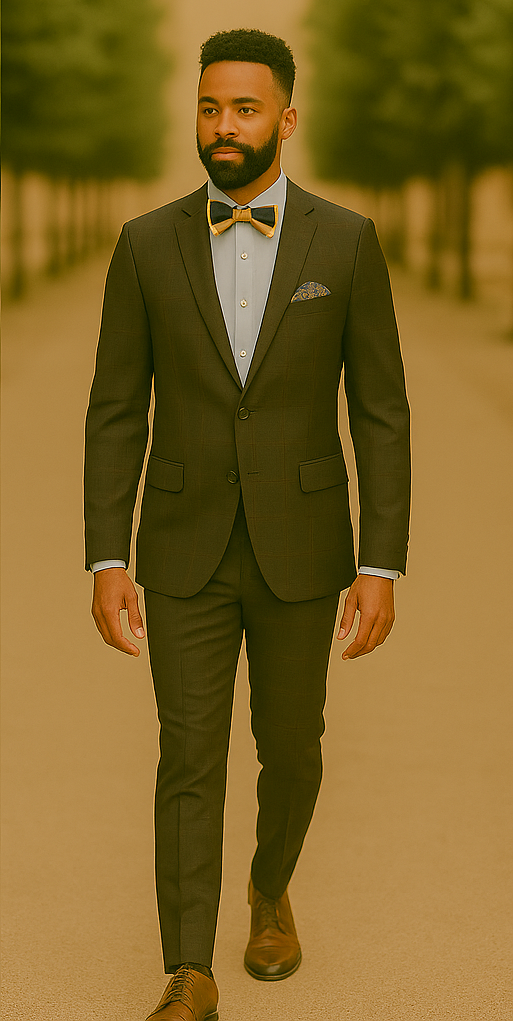 Men's Brown Plaid Slim Fit Suit by Rossiman Rossi – Peak Lapel Jacket & Tapered Pants - 58R