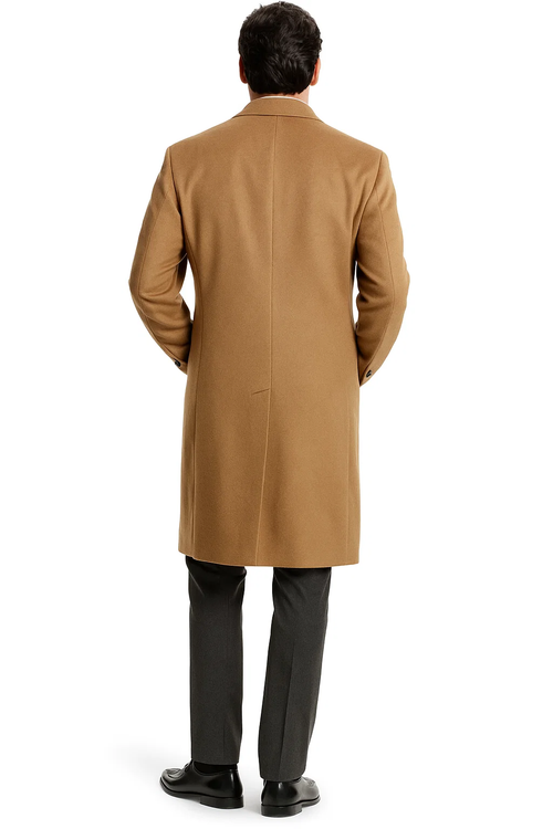 Mens Camel Overcoat Classic Single Breasted Wool Long Coat with Peak Lapel