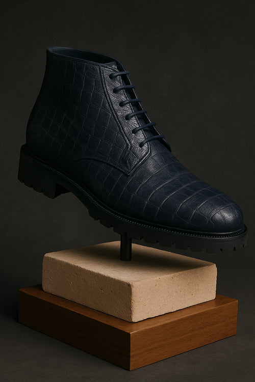 Mens Dress Ankle Boots Los Altos Boots Short Cowboy Boot - Western Ankle Boots Exotic Skin + Navy + Skin Type-New Designer Collection