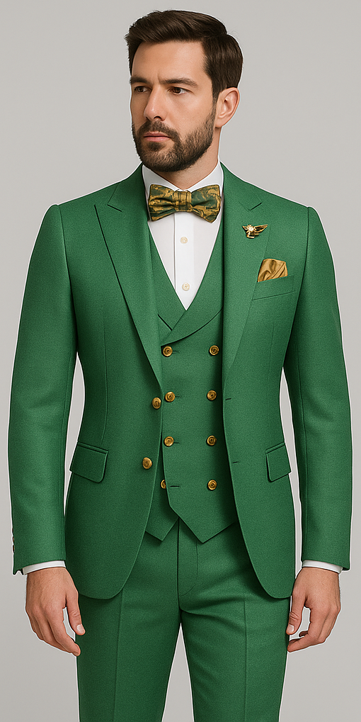 Men’s Green Slim Fit Suit by Rossiman – Stylish Double-Breasted Vest & Flat Front Pants - 36 Regular Jacket+30 Waist Adjustable 26to32)Height: 5'7"-6')(Neck: 14.5-16:S)