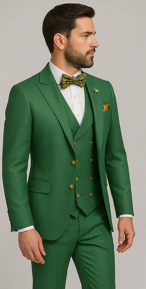 Men’s Green Slim Fit Suit by Rossiman – Stylish Double-Breasted Vest & Flat Front Pants - 36 Regular Jacket+30 Waist Adjustable 26to32)Height: 5'7"-6')(Neck: 14.5-16:S)