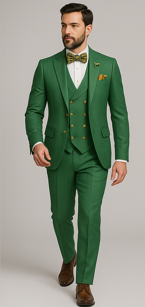 Men’s Green Slim Fit Suit by Rossiman – Stylish Double-Breasted Vest & Flat Front Pants - 36 Regular Jacket+30 Waist Adjustable 26to32)Height: 5'7"-6')(Neck: 14.5-16:S)