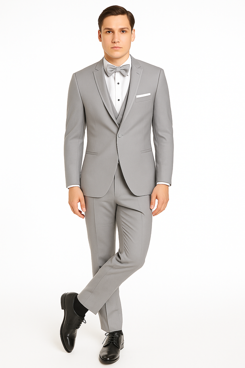 Mens Designer Marseille One Button Satin Trimmed Peak Tuxedo Light Grey