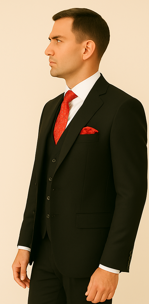 Rossi Man Men's Slim Fit Black Suit – Double-Breasted Vest, Elegant Formalwear - 38 Short Jacket+32 Waist Adjustable 28to34)(Height: 5’4”to5’7”)(Neck 15-16.5)S-M)