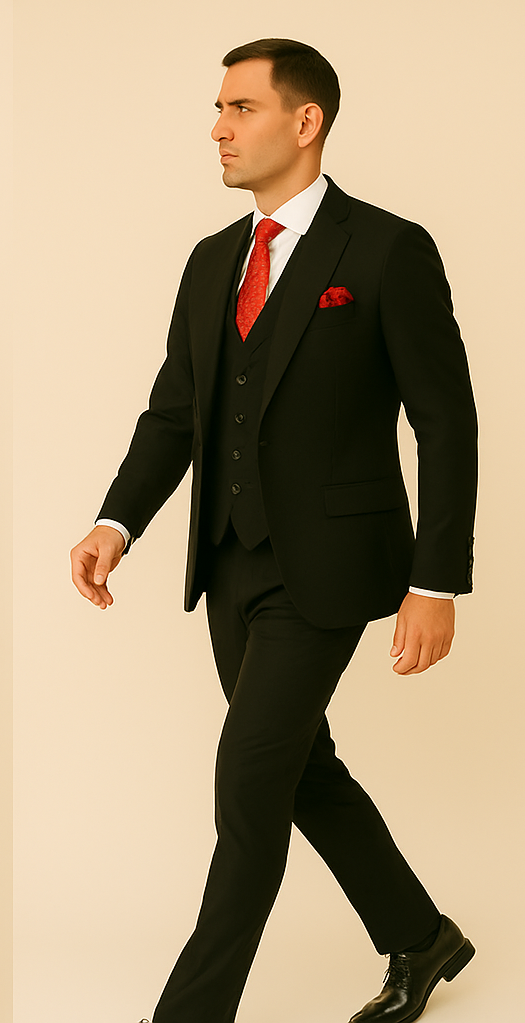 Rossi Man Men's Slim Fit Black Suit – Double-Breasted Vest, Elegant Formalwear - 38 Short Jacket+32 Waist Adjustable 28to34)(Height: 5’4”to5’7”)(Neck 15-16.5)S-M)