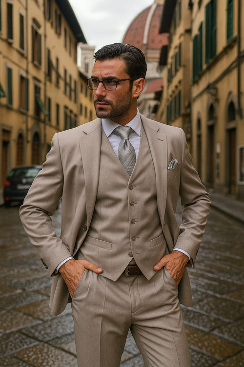 Men's Solid Sand Athletic Cut Classic Suits