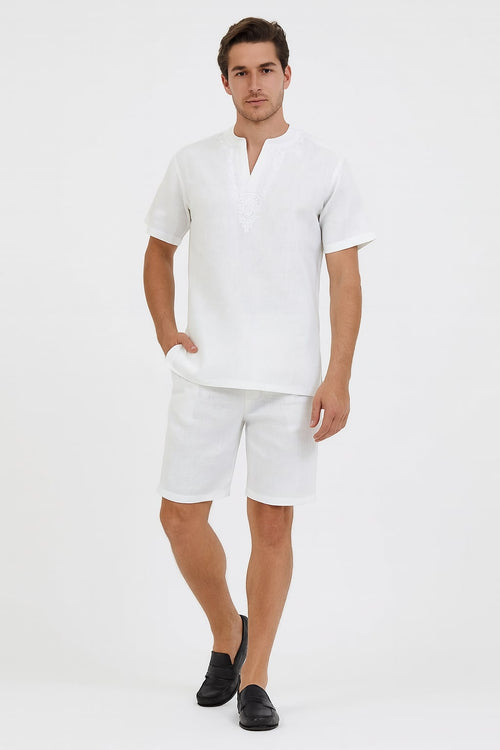 Mens White Embroidered Short Set – Casual Summer Outfit with V-Neck Shirt and Matching Shorts