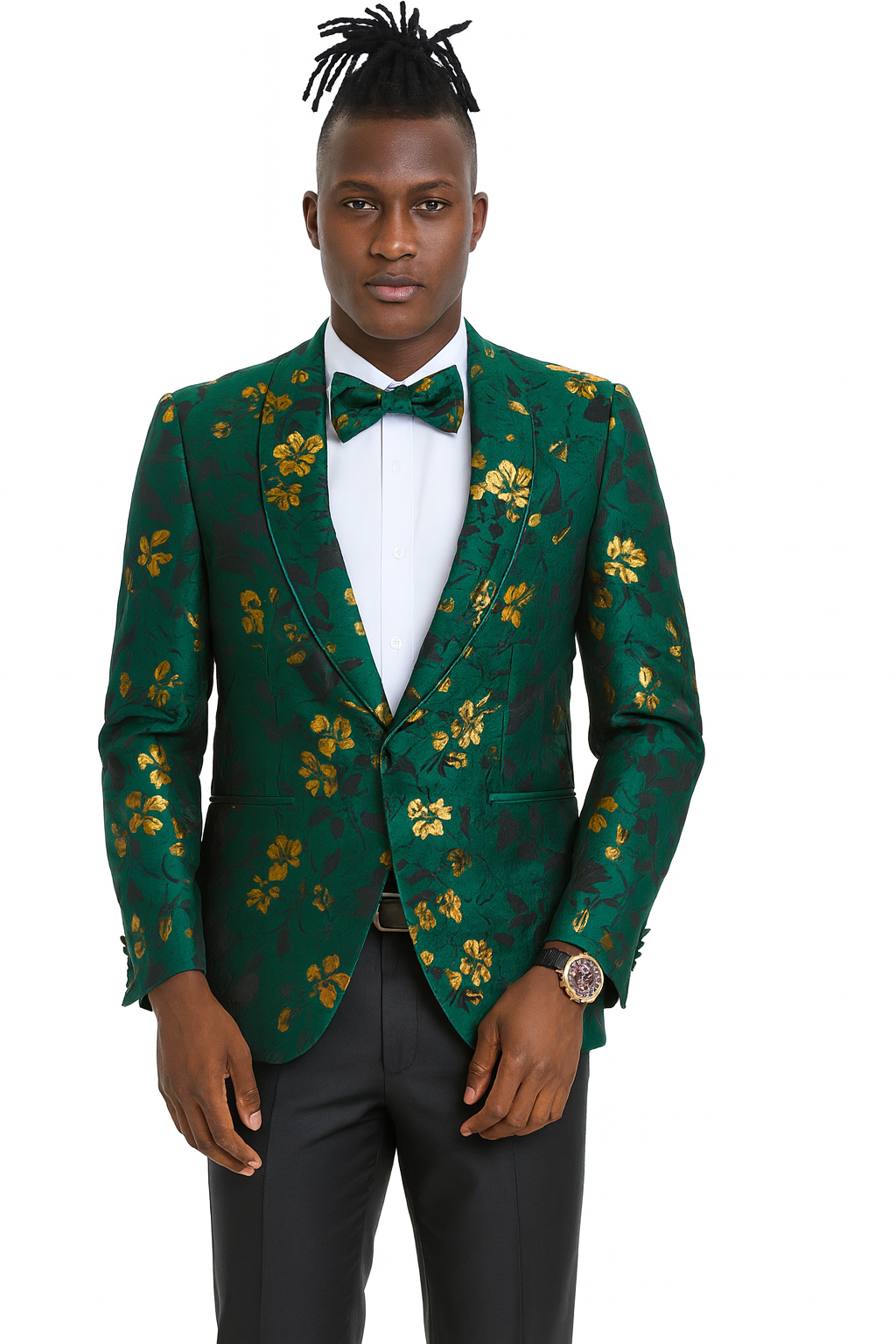 Men's slim fit hunter green and gold paisley prom and wedding tuxedo jacket - Large