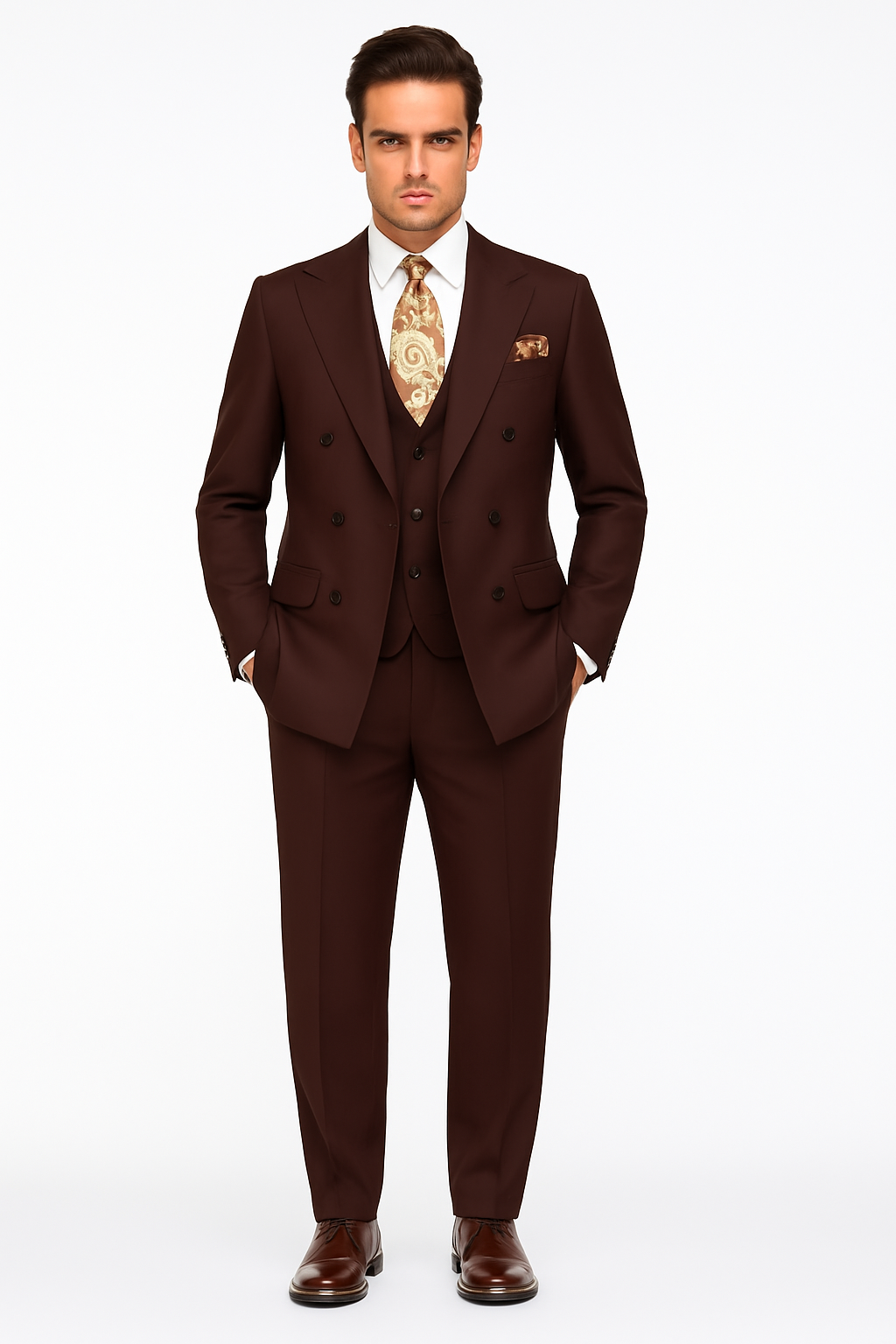 Double Breasted Suits - Vested Suits Wool Fabric - Apolo King Brand - Solid Brown Suit - Coat Size 38