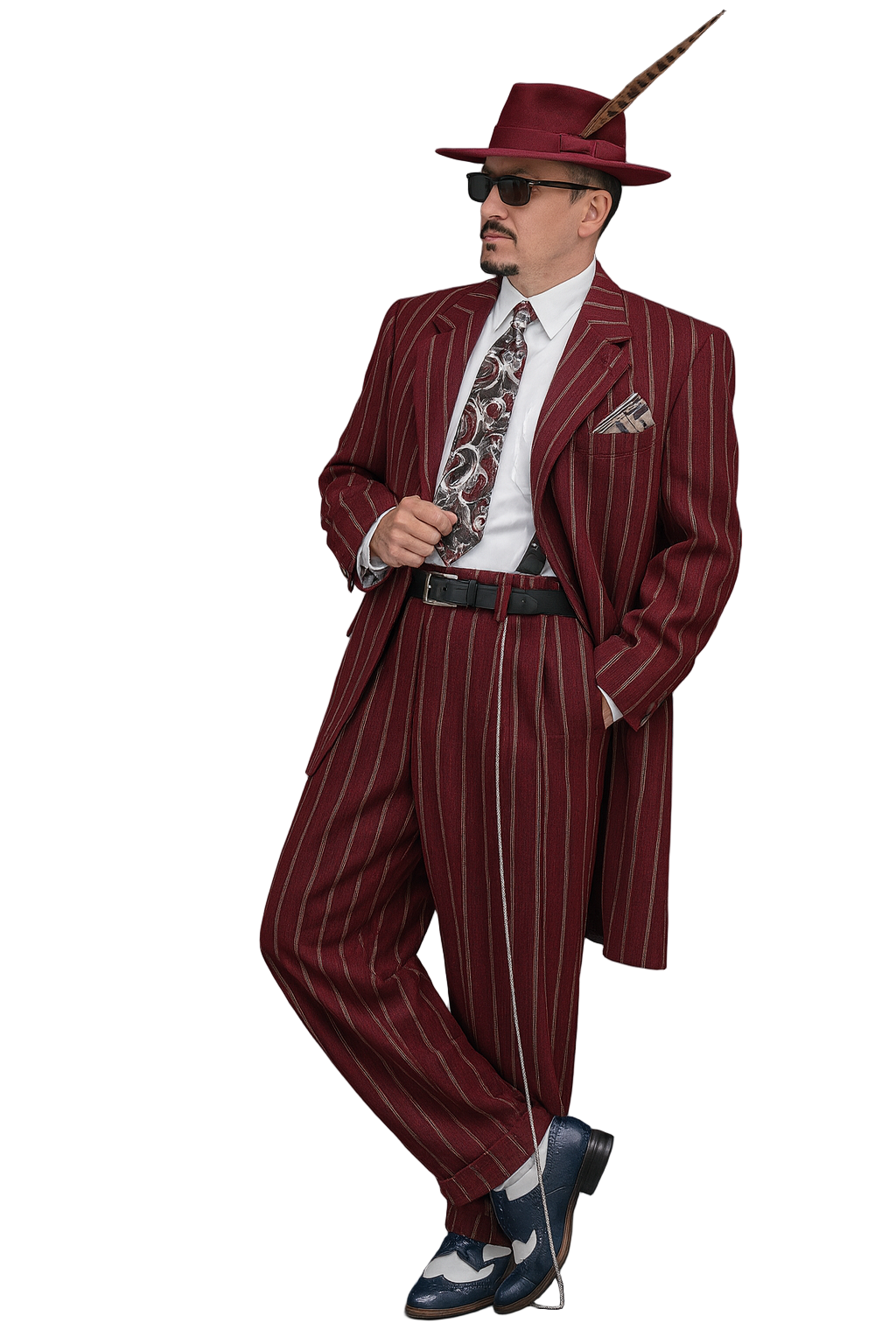 Burgundy Pinstripe Zoot Suit – 3 Piece 1920s/1930s Gangster Outfit (Jacket and Pants and Vest) Vintage Fashion - 34 Short or Extra Small