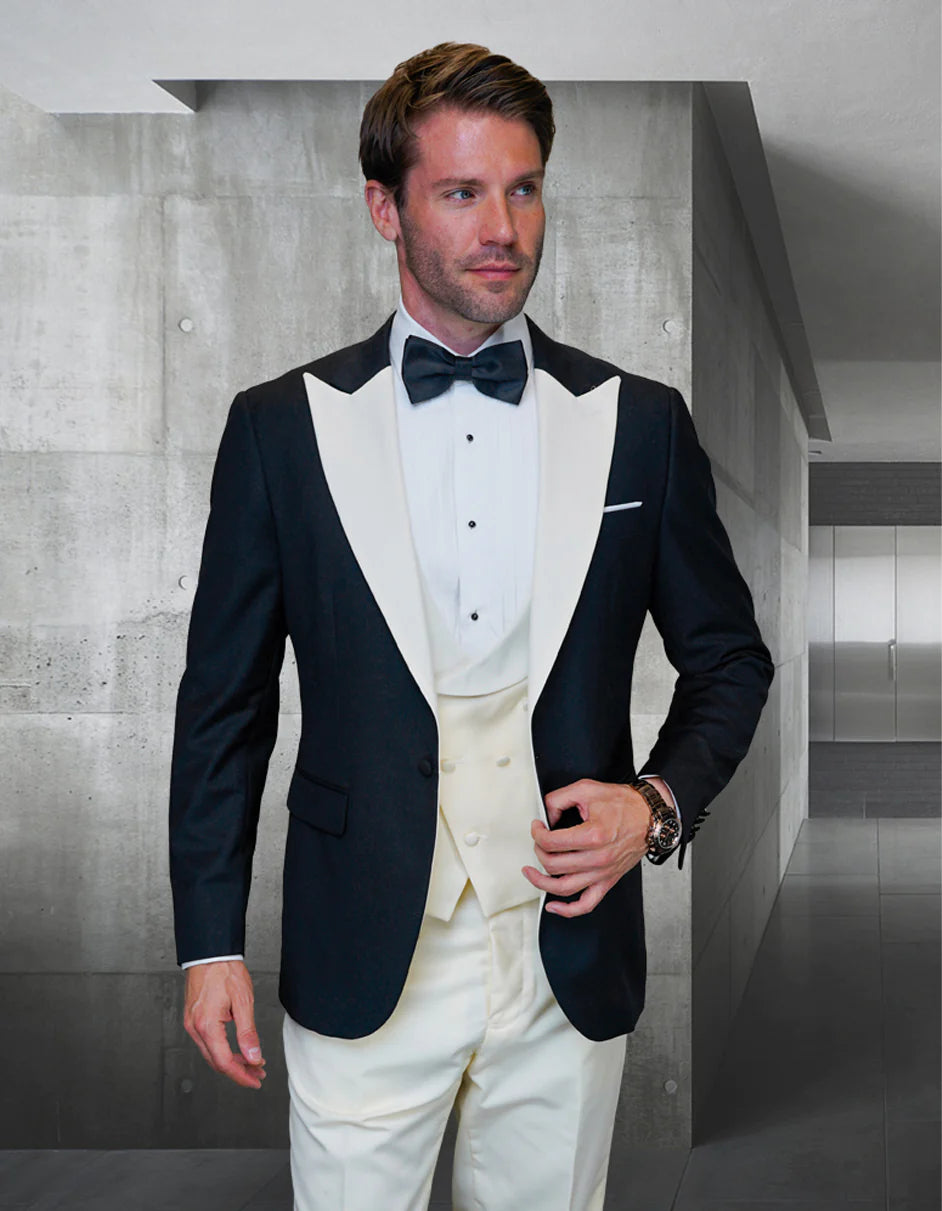 "Mens Wool Vested Wide Contrast Peak Wedding Tuxedo Suit in Black & Ivory"